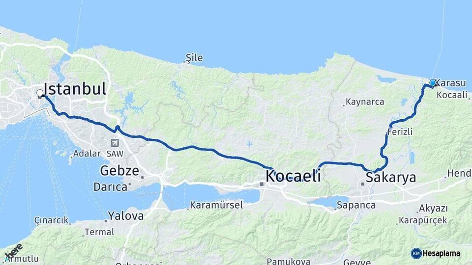 Sakarya Karasu İstanbul Arası Kaç Km - Yol Haritası