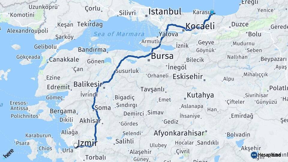 Sakarya Karasu İzmir Arası Kaç Km - Yol Haritası