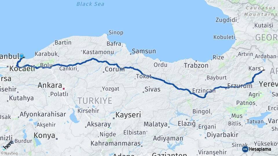 Sakarya Karasu Kars Arası Kaç Km - Yol Haritası