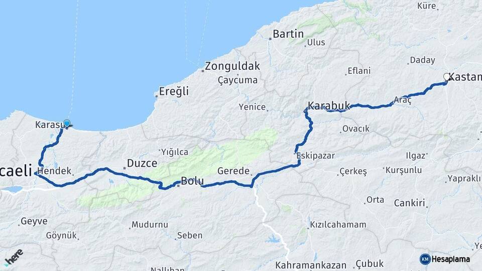 Sakarya Karasu Kastamonu Arası Kaç Km - Yol Haritası