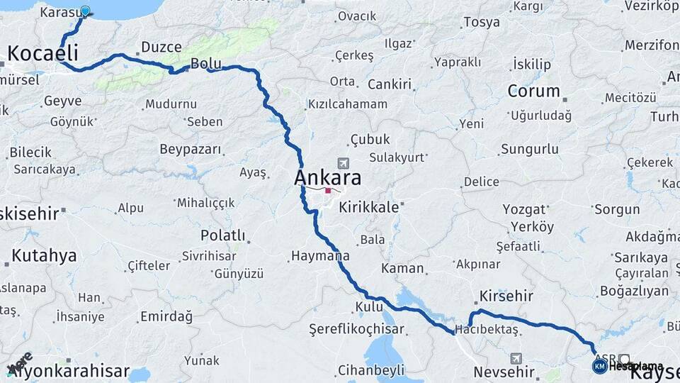 Sakarya Karasu Kayseri Arası Kaç Km - Yol Haritası
