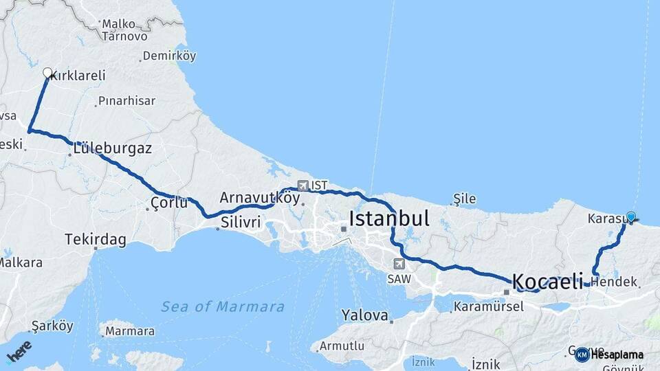 Sakarya Karasu Kırklareli Arası Kaç Km - Yol Haritası