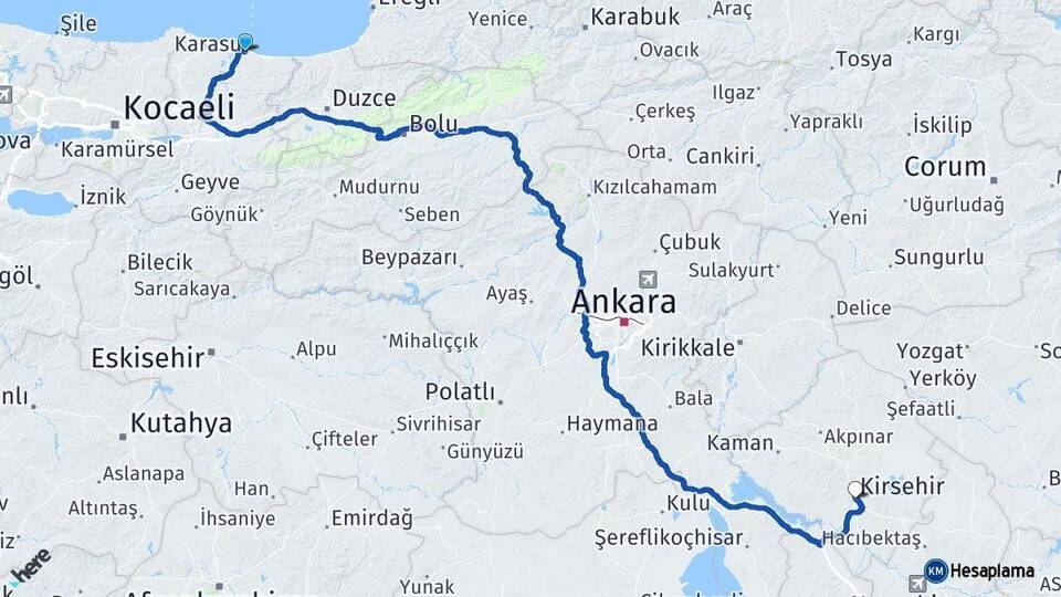 Sakarya Karasu Kırşehir Arası Kaç Km - Yol Haritası