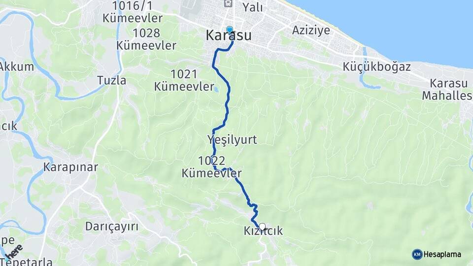 Sakarya Karasu Kızılcık Karasu Arası Kaç Km - Yol Haritası