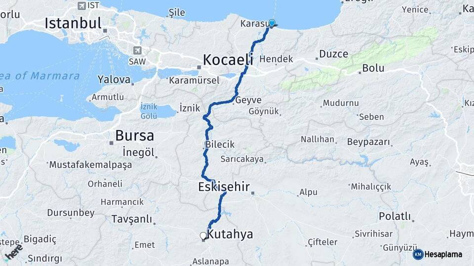 Sakarya Karasu Kütahya Arası Kaç Km - Yol Haritası