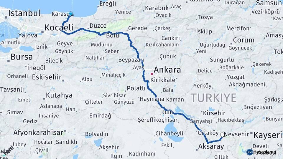Sakarya Karasu Nevşehir Arası Kaç Km - Yol Haritası