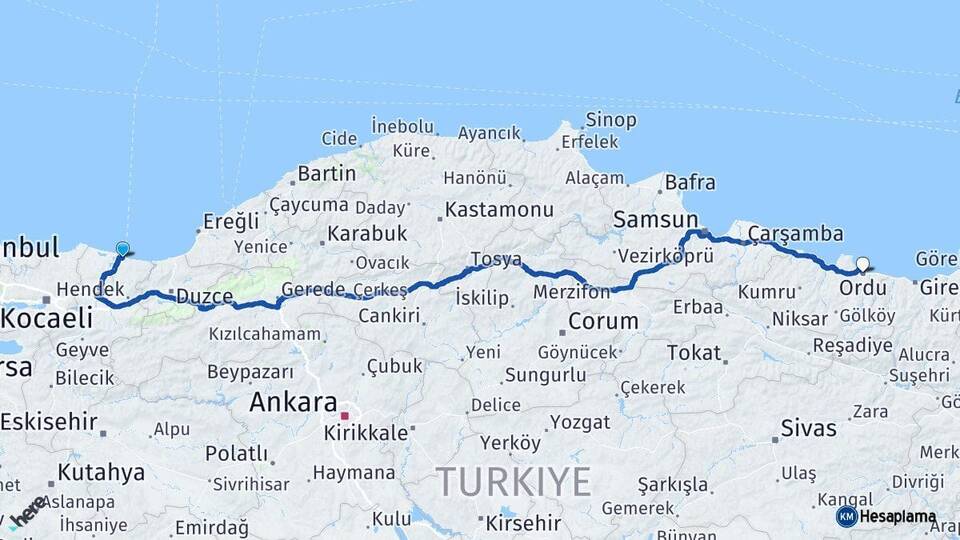 Sakarya Karasu Ordu Arası Kaç Km - Yol Haritası