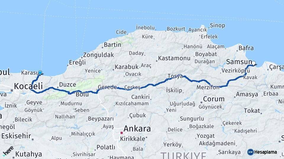 Sakarya Karasu Samsun Arası Kaç Km - Yol Haritası