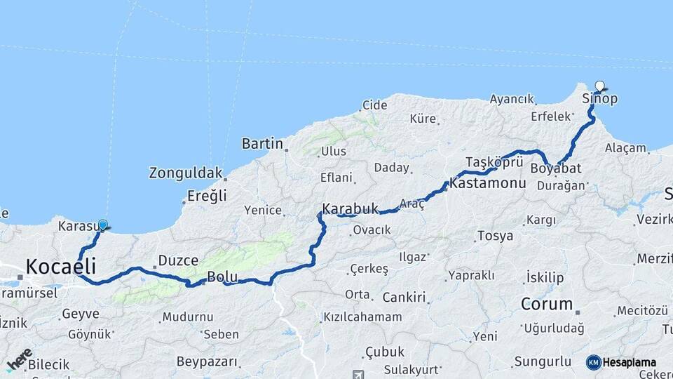 Sakarya Karasu Sinop Arası Kaç Km - Yol Haritası