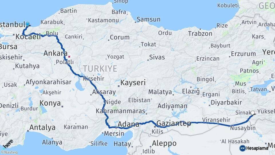 Sakarya Karasu Şırnak Arası Kaç Km - Yol Haritası
