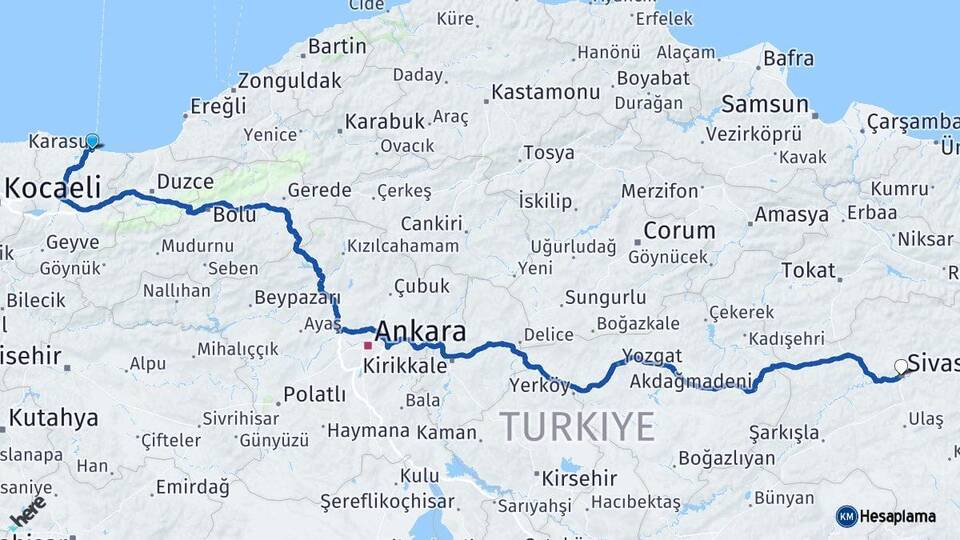Sakarya Karasu Sivas Arası Kaç Km - Yol Haritası