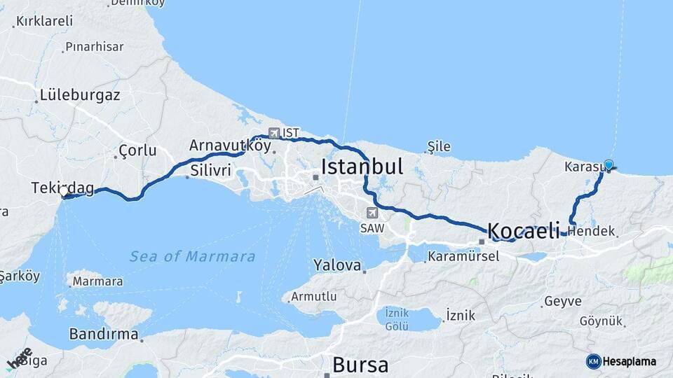 Sakarya Karasu Tekirdağ Arası Kaç Km - Yol Haritası