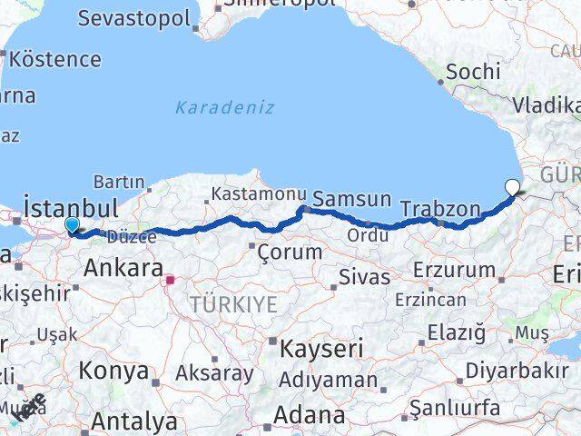 Sakarya Kemalpaşa Artvin Arası Kaç Km - Yol Haritası