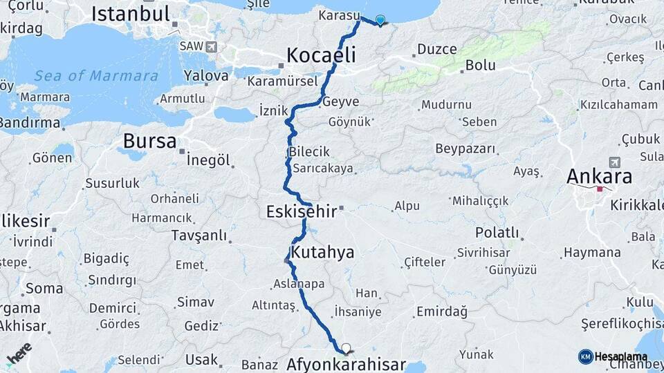 Sakarya Kocaali Afyonkarahisar Arası Kaç Km - Yol Haritası