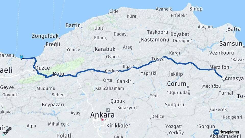 Sakarya Kocaali Amasya Arası Kaç Km - Yol Haritası