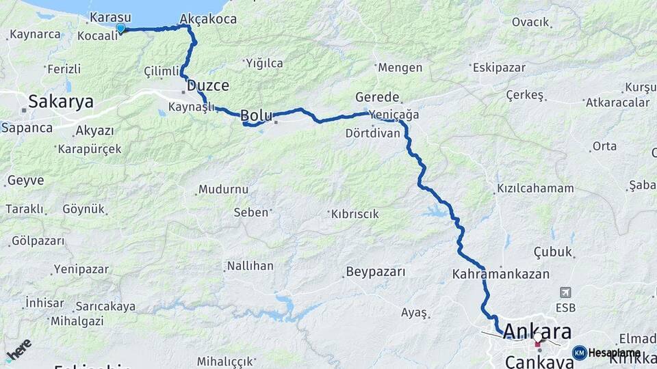 Sakarya Kocaali Ankara Arası Kaç Km - Yol Haritası
