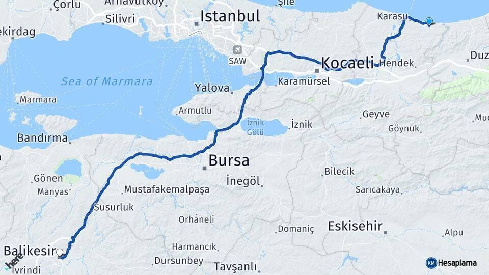 Sakarya Kocaali Balıkesir Arası Kaç Km - Yol Haritası