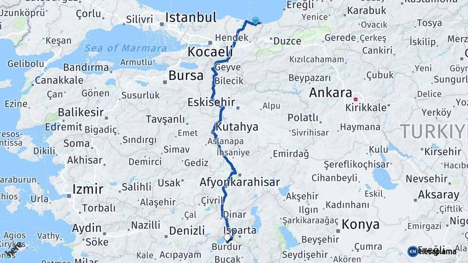 Sakarya Kocaali Burdur Arası Kaç Km - Yol Haritası