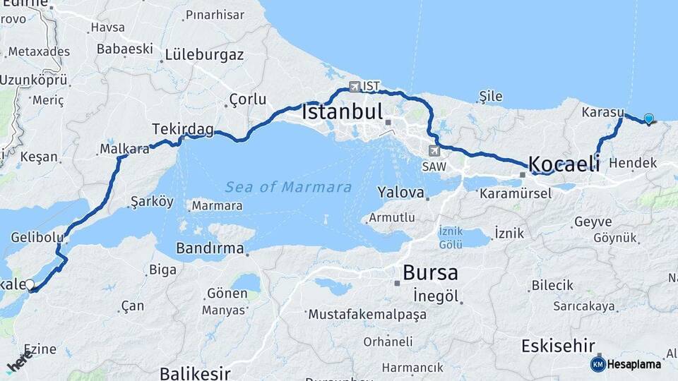 Sakarya Kocaali Çanakkale Arası Kaç Km - Yol Haritası