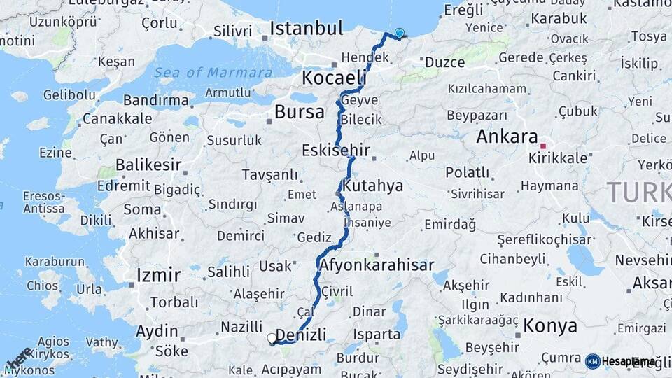Sakarya Kocaali Denizli Arası Kaç Km - Yol Haritası