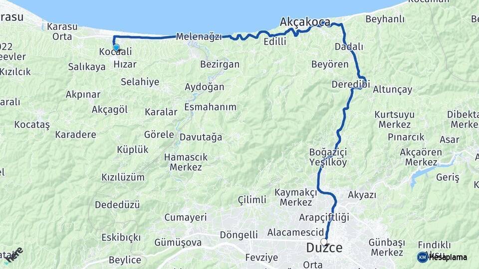 Sakarya Kocaali Düzce Arası Kaç Km - Yol Haritası