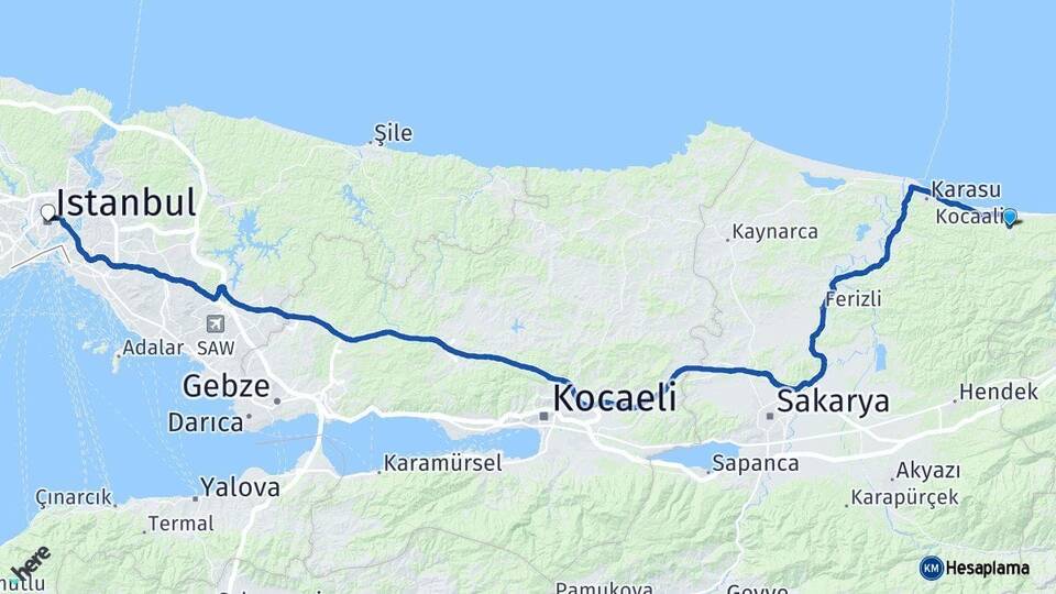 Sakarya Kocaali İstanbul Arası Kaç Km - Yol Haritası