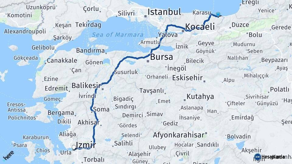 Sakarya Kocaali İzmir Arası Kaç Km - Yol Haritası