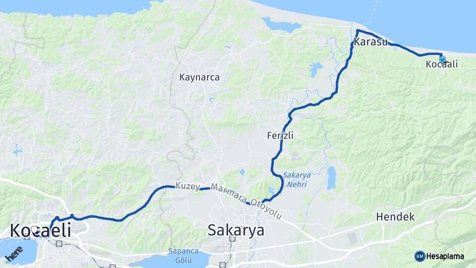 Sakarya Kocaali İzmit Kocaeli Arası Kaç Km - Yol Haritası
