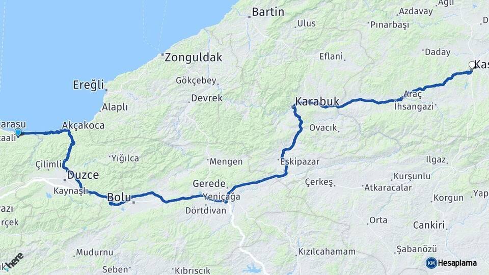 Sakarya Kocaali Kastamonu Arası Kaç Km - Yol Haritası