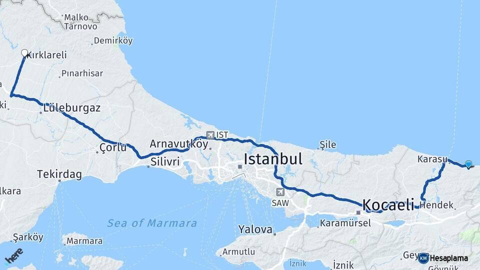 Sakarya Kocaali Kırklareli Arası Kaç Km - Yol Haritası