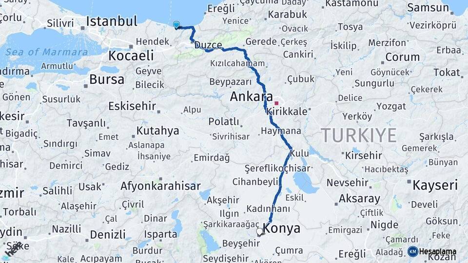 Sakarya Kocaali Konya Arası Kaç Km - Yol Haritası