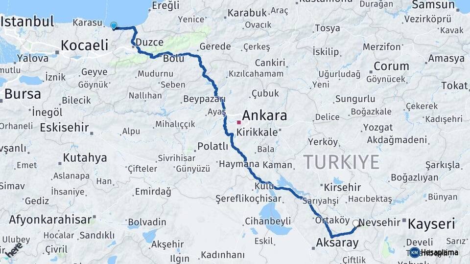 Sakarya Kocaali Nevşehir Arası Kaç Km - Yol Haritası