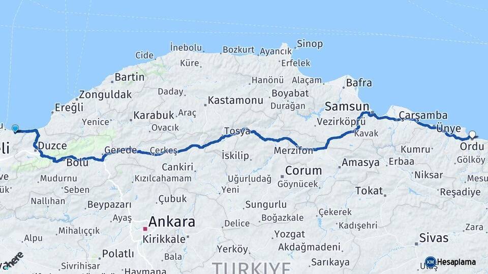 Sakarya Kocaali Ordu Arası Kaç Km - Yol Haritası