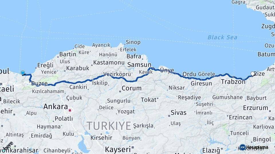 Sakarya Kocaali Rize Arası Kaç Km - Yol Haritası
