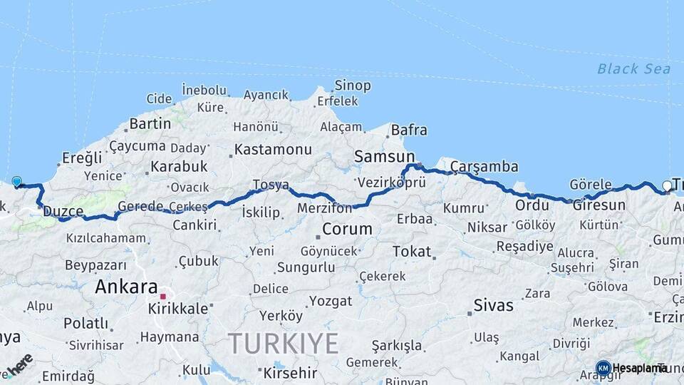 Sakarya Kocaali Trabzon Arası Kaç Km - Yol Haritası