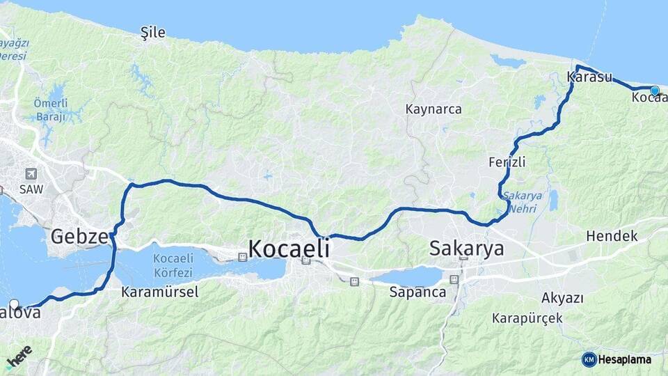 Sakarya Kocaali Yalova Arası Kaç Km - Yol Haritası