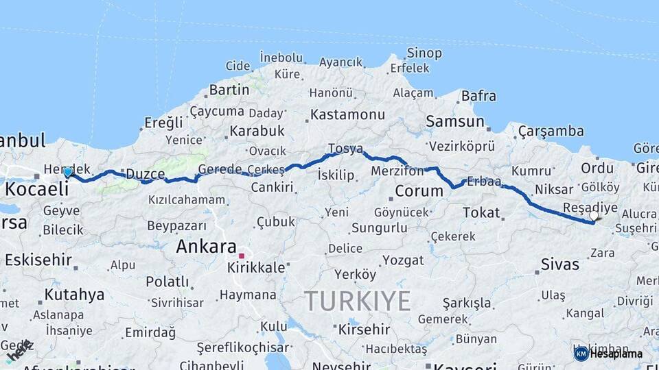 Sakarya Koyulhisar Sivas Arası Kaç Km - Yol Haritası