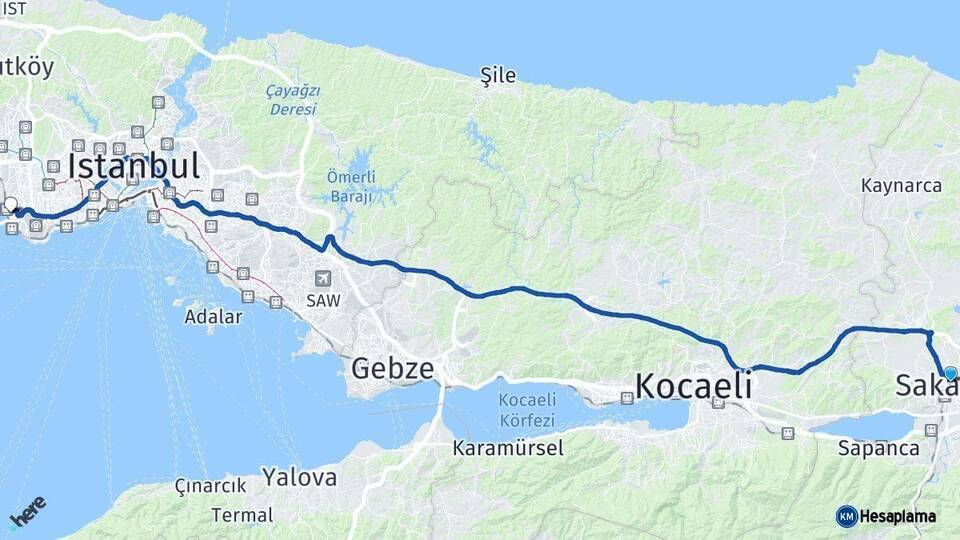 Sakarya Küçükçekmece İstanbul Arası Kaç Km - Yol Haritası