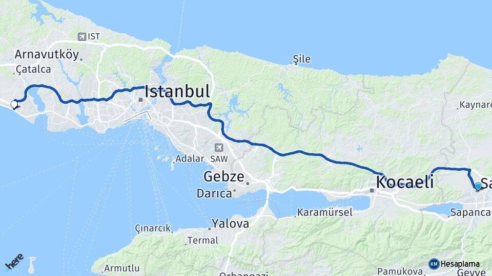 Sakarya Kumburgaz Büyükçekmece İstanbul Arası Kaç Km - Yol Haritası
