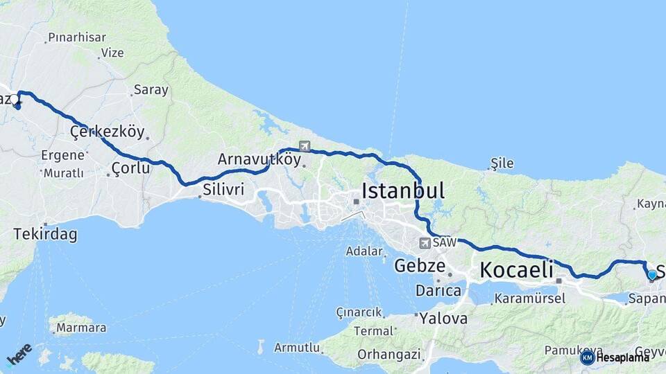 Sakarya Lüleburgaz Kırklareli Arası Kaç Km - Yol Haritası