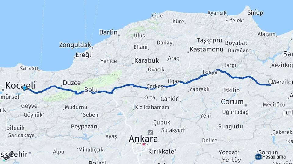 Sakarya Merzifon Amasya Arası Kaç Km - Yol Haritası