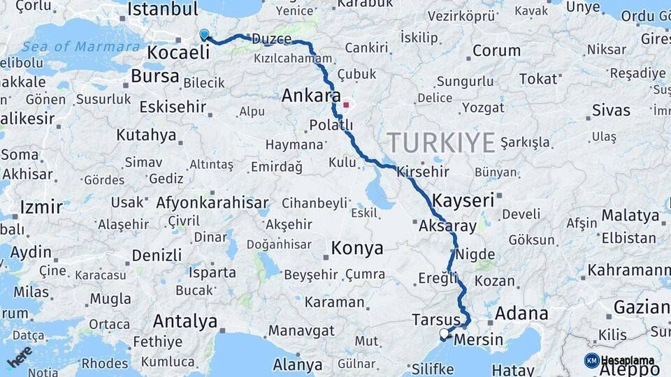 Sakarya Mezitli Mersin Arası Kaç Km - Yol Haritası