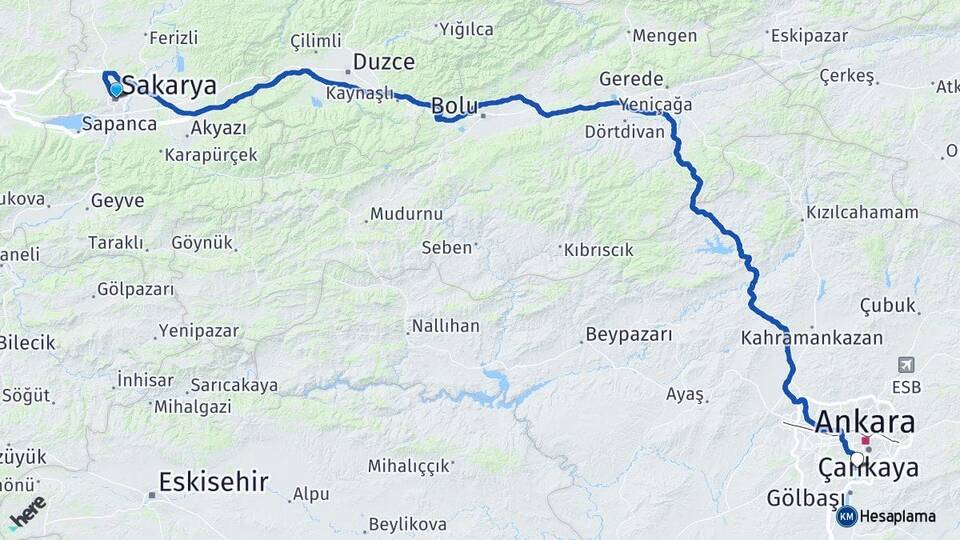Sakarya Oran Çankaya Ankara Arası Kaç Km - Yol Haritası