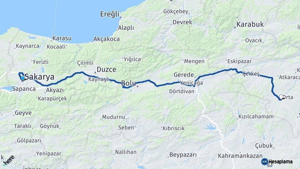 Sakarya Orta Çankırı Arası Kaç Km - Yol Haritası