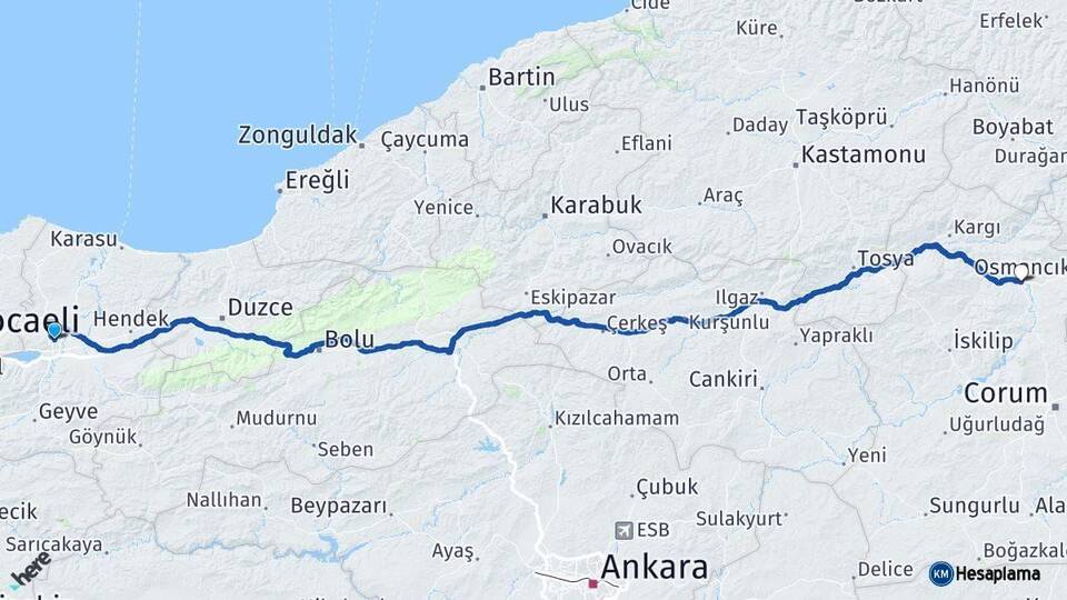 Sakarya Osmancık Çorum Arası Kaç Km - Yol Haritası