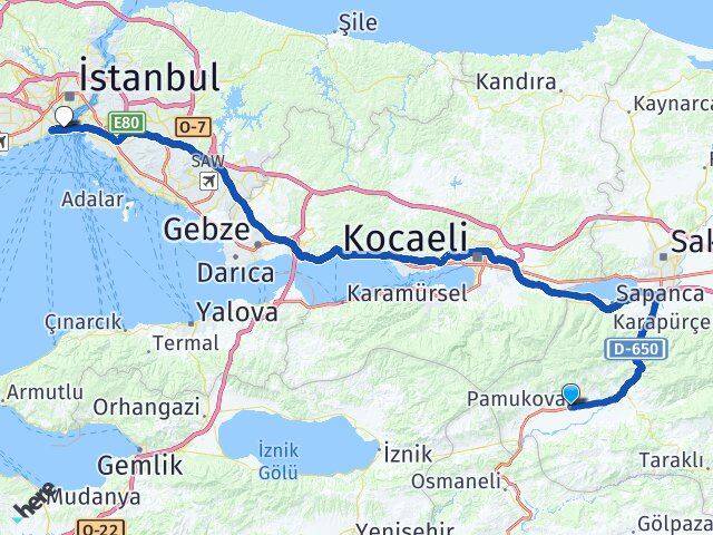 Sakarya Pamukova Küçük Ayasofya Fatih İstanbul Arası Kaç Km - Yol Haritası