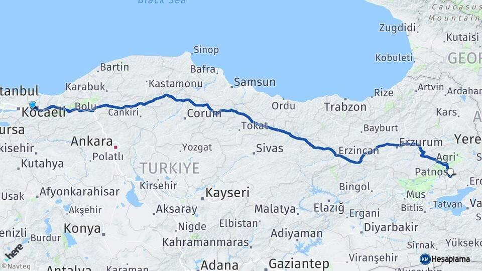 Sakarya Patnos Ağrı Arası Kaç Km - Yol Haritası