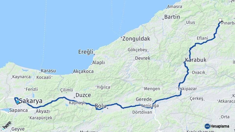 Sakarya Pınarbaşı Kastamonu Arası Kaç Km - Yol Haritası