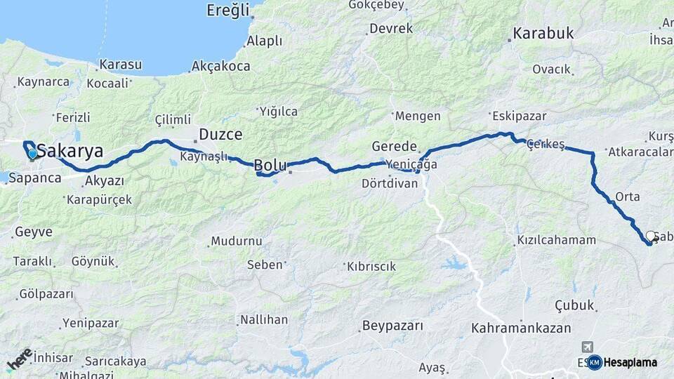 Sakarya Şabanözü Çankırı Arası Kaç Km - Yol Haritası