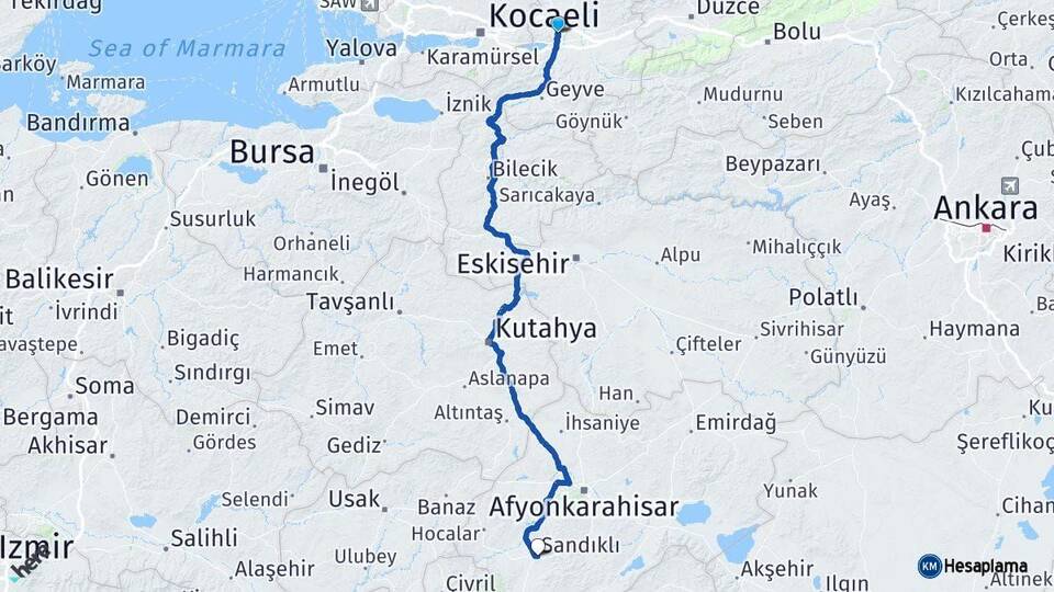 Sakarya Sandıklı Afyonkarahisar Arası Kaç Km - Yol Haritası